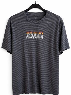 All Saints Charcoal Striped Flame Logo Tee - Charcoal, White, Orange, Yellow